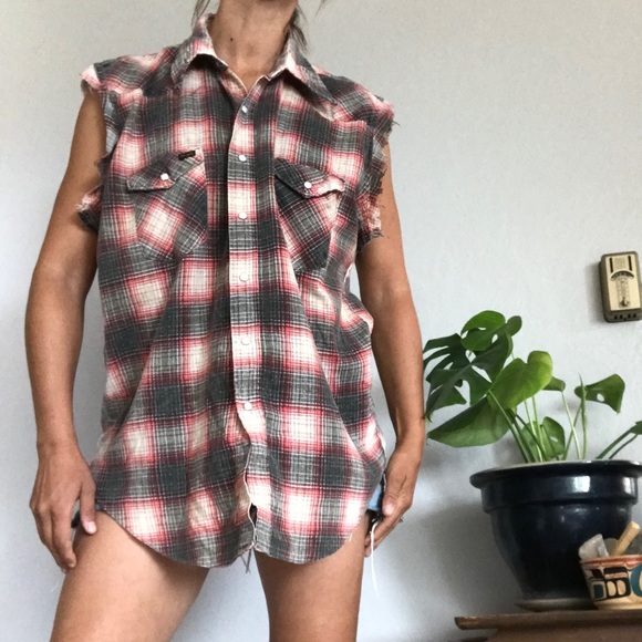 Wrangler Shirts Vintage Wrangler Cut Off Flannel Shirt Long Tail L
